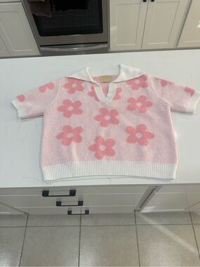 Judith March Women’s Pink Floral Knit Polo Sweater Top | Like New